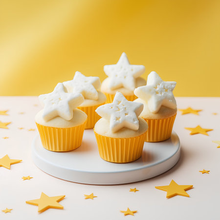 Cupcakes with white frosting and stars on a yellow backgroundの素材