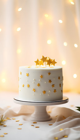 Birthday cake with gold stars on white background with bokeh lightsの素材