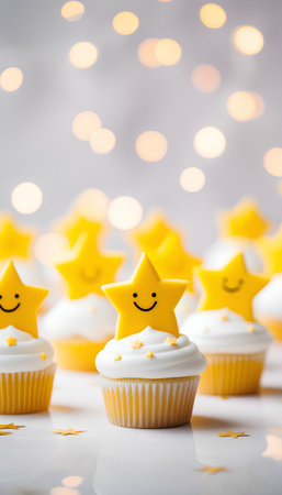 Cupcakes with yellow stars decoration on bokeh background.の素材