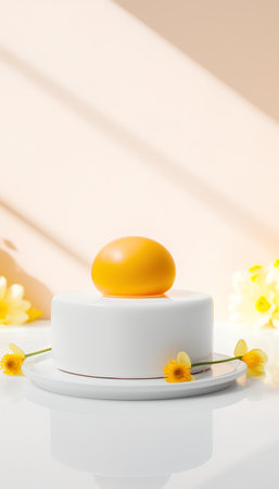 Easter egg on a white stand with daffodil flowersの素材