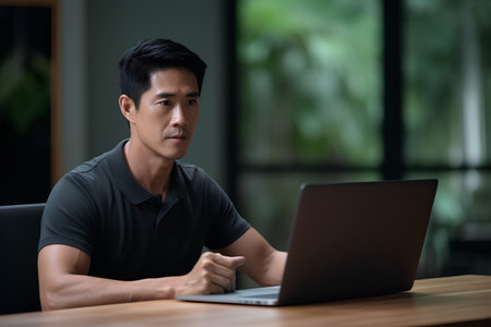 Portrait of a young Asian man using a laptop computer at homeの素材