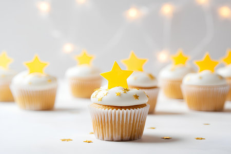 Cupcakes with golden stars on white background. Celebration concept.の素材