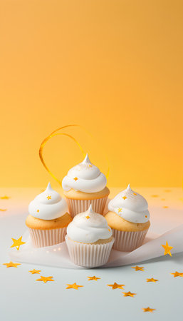 Cupcakes with whipped cream on orange background. 3d illustrationの素材