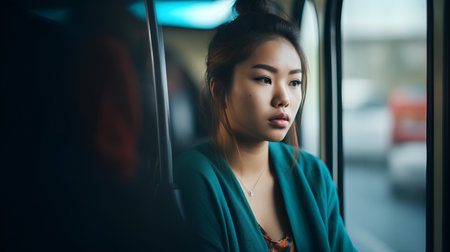 Portrait of a beautiful young asian woman in the bus.の素材