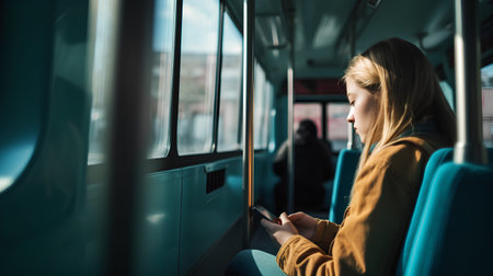 Young woman sitting in a train and using her mobile phone while travelingの素材
