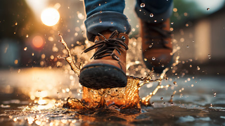 Close-up of a man's foot in boots splashing water from a puddle.の素材