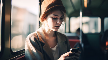 young beautiful hipster woman in the city subway car using mobile phoneの素材