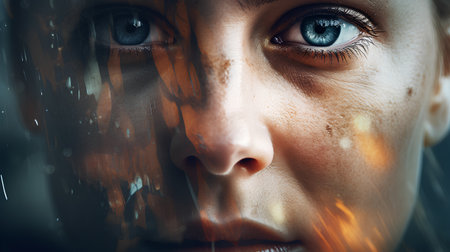 Close-up portrait of a young woman with blood on her face.の素材