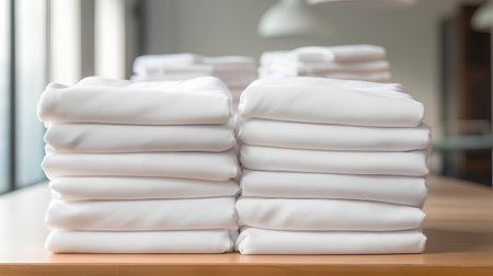 Stack of white bedding on wooden table in hotel room, stock photoの素材