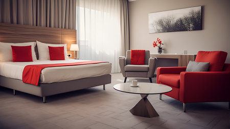 Interior of a hotel bedroom with two red armchairs and a round coffee table. 3d renderingの素材