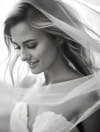 Black and white portrait of beautiful young bride in wedding dress with veilの素材