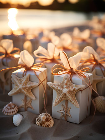 Decorated gift boxes with ribbons and seashells on the beachの素材