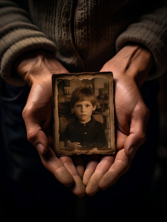 Hands holding an old photo of a boy on a dark backgroundの素材