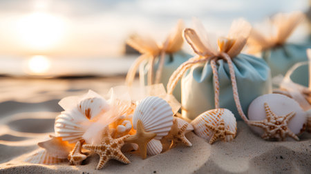 Decorated gift box with seashells and starfish on the beach at sunsetの素材