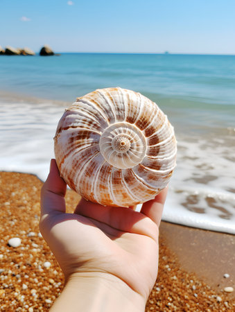 Seashell in hand on the background of the sea and wavesの素材