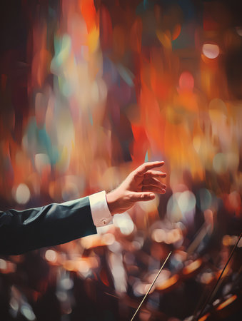 Music conductor performing on stage with colorful bokeh background, close upの素材