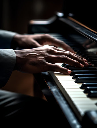 Close up of pianist hands playing the piano. Selective focus.の素材