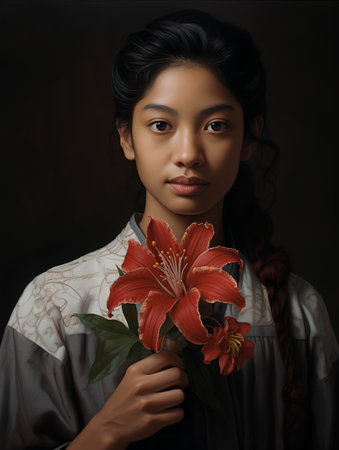 Portrait of a beautiful young asian woman with lily flowerの素材