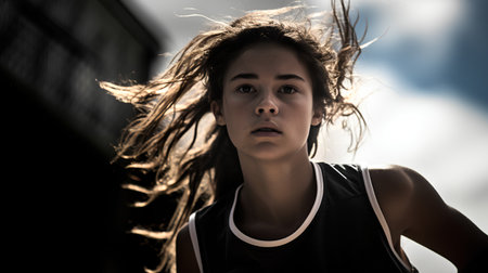 portrait of beautiful young woman with windy hair in the cityの素材