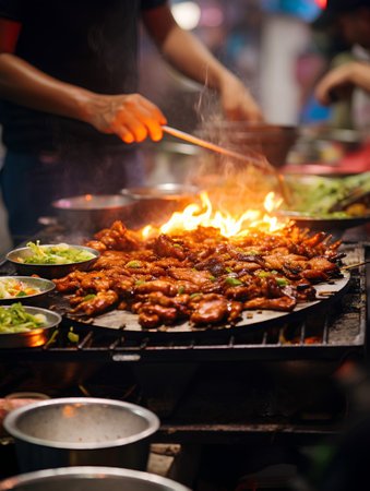 Grilled chicken wings on the street market in Bangkok, Thailand.の素材