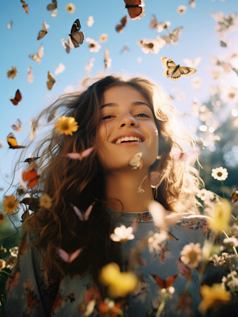 Happy young woman with flying butterflies in the meadow at sunset.の素材