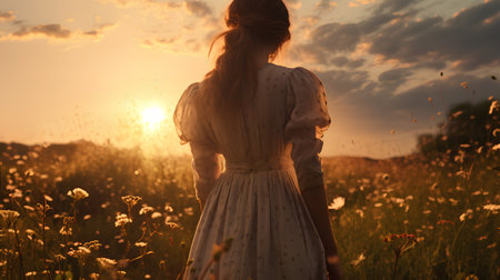 Young beautiful woman in white dress walking in the field at sunset.の素材