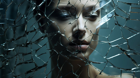 Close-up portrait of a beautiful young woman through broken glass.の素材