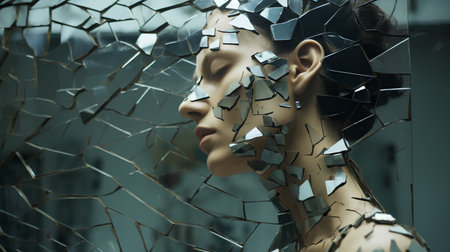 Portrait of a girl in a broken glass. 3d renderingの素材
