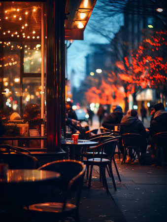 Night view of a street cafe in Londonの素材
