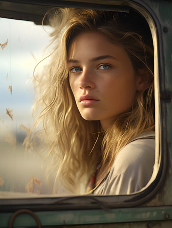 Portrait of a beautiful young girl with long hair in the car.の素材