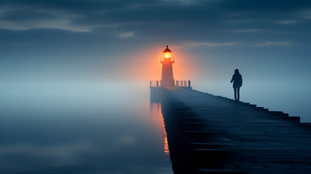Woman looking at the lighthouse at sunset. 3D Rendering.の素材