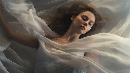 Beautiful woman lying on the bed covered with white silk. Studio shot.の素材