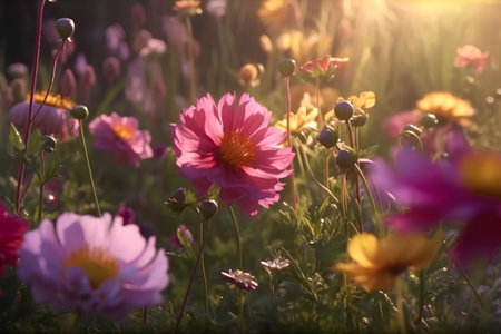 Beautiful flowers in the garden at sunset time. Nature background.の素材