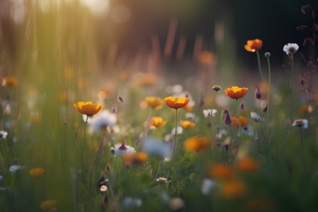 beautiful meadow with poppies and dandelions at sunsetの素材