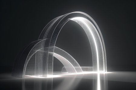 Abstract 3d rendering of arch on dark background. Futuristic architecture design.の素材