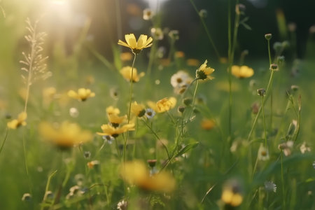Wildflowers on a meadow at sunset, shallow depth of fieldの素材