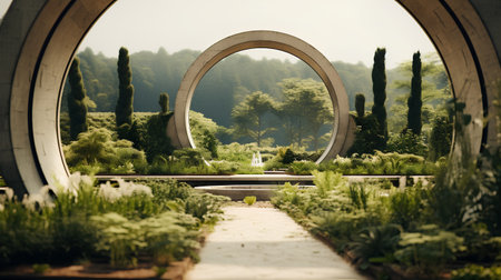 Beautiful view of the garden through the arch with trees and plantsの素材