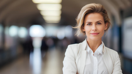 Portrait of a smiling businesswoman standing in corridor of office buildingの素材