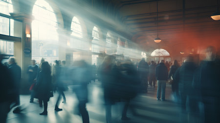 Commuters in a train station (motion blurred image, abstract background)の素材