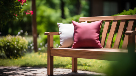 Wooden bench with pillows in the garden. Selective focus.の素材