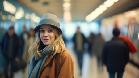 Portrait of a beautiful young woman in a coat and a hat in a subway stationの素材