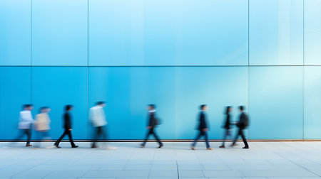 Business people walking in front of a blue wall in a modern office buildingの素材