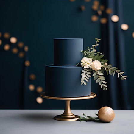 Stylish blue wedding cake with gold decor. 3d render.の素材