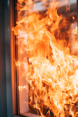 Burning fire in the window. Fire in the interior of the house.の素材