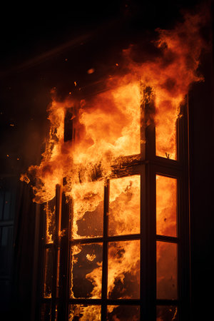 Burning windows in a dark room. Fire in the window.の素材