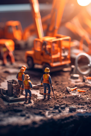 Miniature people construction workers working on construction site. Selective focus.の素材