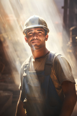 portrait of a worker in a hard hat and overalls in a construction siteの素材
