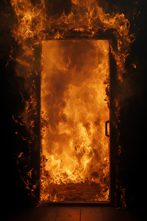 Open door in a burning house, conceptual image. 3d renderingの素材