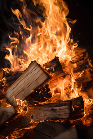 Burning firewood in the fireplace on a black background, close-upの素材