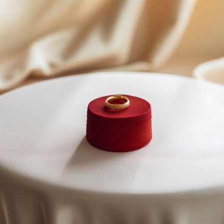 Wedding rings on a red thread on a white table.の素材